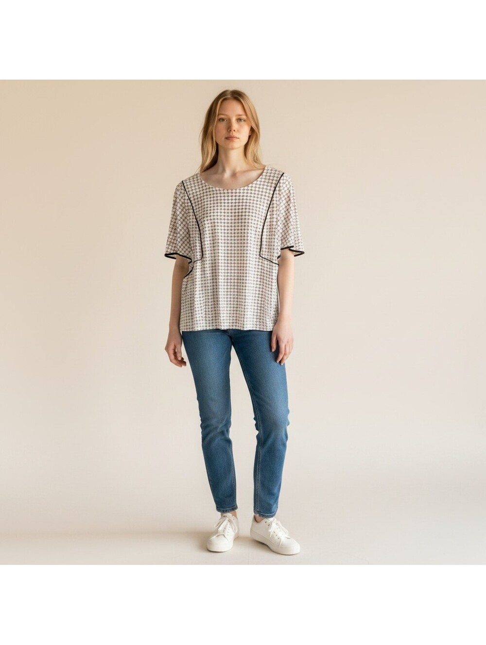 Worthington Blouse Women L Large White Geometric Short Sleeve Pullover Casual